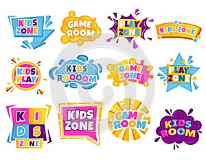 Kids zone label. Cartoon colorful child playroom with toys, baby kindergarten activity concept. Vector isolated banner