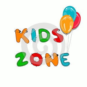 Kids zone logo sign. Hand written display colored text. Stitched, patched, sewed, decorative funny letters