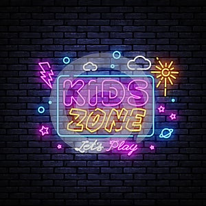 Kids Zone neon banner vector design template. Place for fun and play neon light banner, design element, night bright photo