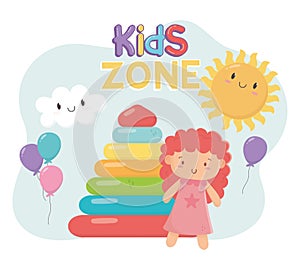 Kids zone, rubber pyramid and pink little doll toys