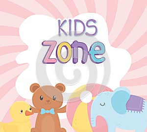 Kids zone, teddy bear duck plastic ball and elephant toys