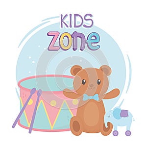 Kids zone, teddy bear elephant drum and toys