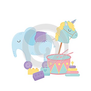 Kids zone, toys elephant horse drum blocks