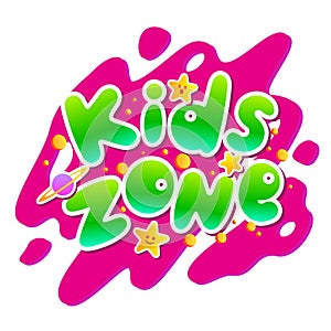 Kids zone vector cartoon logo. Colorful bubble letters for children playroom decoration. Inscription isolated on photo