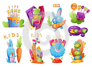 Kids zones set. Children playground game room or center emblems. Playroom banners in cartoon style for children play