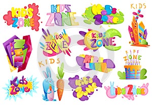 Kids zones set. Children playground game room or center emblems. Playroom banners in cartoon style for children play