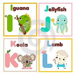 Kids Zoo english alphabet set. Children animals alphabet form letters I to L. Cute iguana, jellyfish, koala and lamb educational