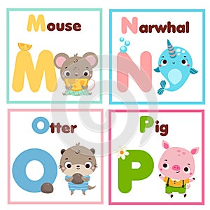 Kids Zoo english alphabet set. Children animals alphabet form letters M to P. Cute mouse, narwhal, otter and pig educational cards