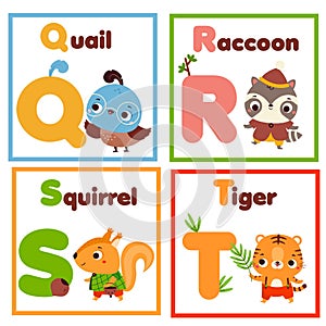 Kids Zoo english alphabet set. Children animals alphabet form letters Q to T Cute quail, raccoon, squirrel, and tiger educational