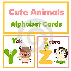 Kids Zoo english alphabet set. Children animals alphabet form letters Y to Z Cute yak and zebra educational cards for elementary