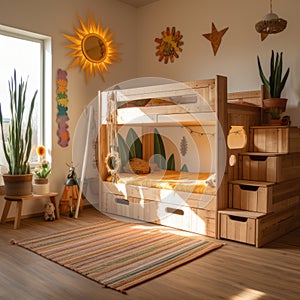 kidsroom wooden bed ultrarelastic boho style low sun , generated by AI