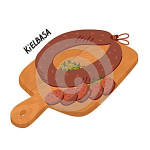 Kielbasa sausage. Meat delicatessen on white background. Slices of typical polish U-shaped smoked sausage. Simple flat