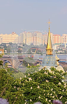 Kiev city, monastery, bridge, botanical garden and chestnut flowers