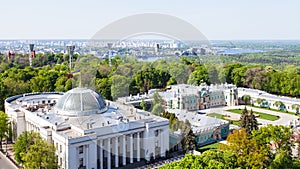 Kiev city skyline with Rada Building in spring