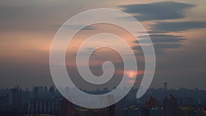 Kiev cityscape during dramatic sunset with amazing cloudscape, Ukraine.