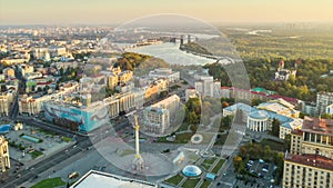 Kiev Kyiv , Ukraine. Aerial hyperlapse. Flying over Maidan Nezalezhnosti Independence square at sunrise in Kyiv, Ukraine