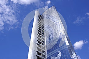 Kiev, Ukraine, 05/04/21, Bottom view of a high-rise glass building in the city center
