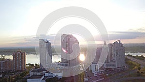 Kiev, Ukraine. Aerial view of the city and the Dnieper River on a summer day. Towering buildings and car traffic