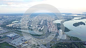 Kiev, Ukraine aerial view of high-rise buildings of the new Obolon district overlooking the Dnieper River.