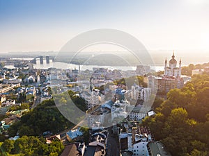 KIev Ukraine aeriel view to Andriyivskyy Descent, Podil, St.Andrew`s Church, river Dnepr. photo