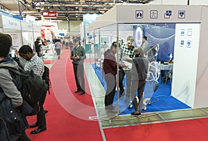 Kiev, Ukraine. April 17 2019. Medical Exhibition. Exhibition of gynecological equipment. Visitors to the exhibition of medical