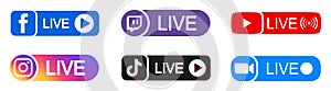 Kiev, Ukraine - April 16, 2023: Set streaming live social media badge icon logo facebook, instagram, youtube, twitch, zoom, tiktok