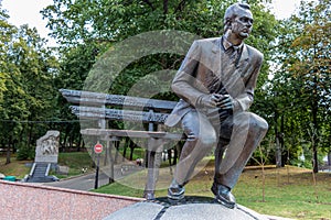 Kiev, Ukraine - August 8, 2019: Monument to Valery Lobanovsky at the entrance to Dynamo Football Stadium in Kiev.