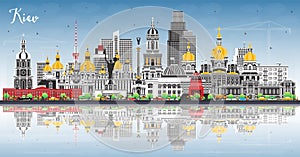Kiev Ukraine city skyline with color buildings, blue sky and reflections. Kyiv cityscape with landmarks. Business travel and