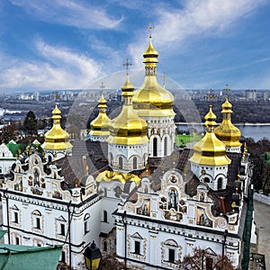 Kiev, Ukraine. Cupolas of Pechersk Lavra Monastery and river Dniepr