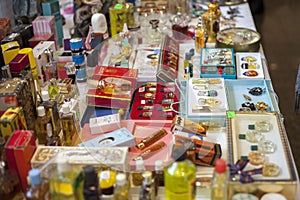 KIEV, UKRAINE - DECEMBER 19, 2020: Collection of antique perfume bottles.