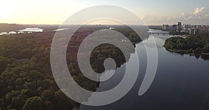 KIEV, UKRAINE - Drone flight over Dnieper river, Patona bridge