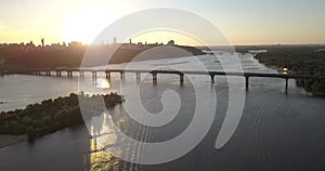 KIEV, UKRAINE - Drone flight over Dnieper river, Patona bridge