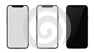 Kiev, Ukraine - February 14, 2021: Apple iPhone in graphite color. Mock-up screen front view iphone with transparent, white and