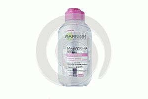 Kiev, Ukraine - February 6, 2017 Garnier micellar water to cleanse the face. Garnier is a cosmetic brand that produces hair and sk