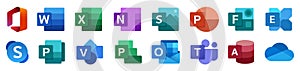 Kiev, Ukraine - February 26, 2023: Microsoft Office 365: Word, Excel, OneNote, Sway, PowerPoint, Yammer, Outlook, Access,