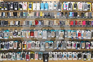 Kiev, Ukraine. January 15 2019 Colorful iPhone And Samsung Phone Cases For Sale In Mobile Phones Stores. Different design of