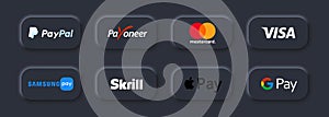 Kiev, Ukraine - March 30, 2021: Payment system logos: PayPal, Mastercard, Skrill, Payoneer, Visa, Amazon pay, Apple pay, Google