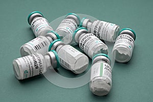 KIEV, UKRAINE - MAY 14, 2021: Ampoules with white powder Ceftriaxone - a broad spectrum cephalosporin antibiotic and a medical syr