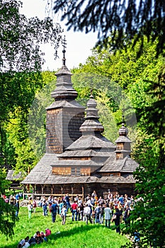 KIEV, UKRAINE - MAY 02: Ethnocultural ukrainian festival on Monday after Easter. Ancient wooden church