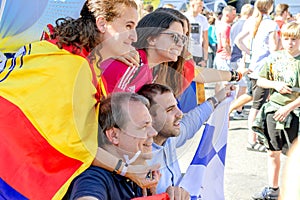 Kiev, Ukraine, May 2018: - Fans of Real Madrid make a photo before the final match of the Champions League UEFA between Liverpool