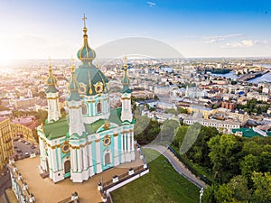 Kiev Ukraine St Andrew`s Church . View from above. aerial photo. Kiev attractions.