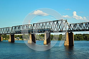 Kiev Urban Electric Train on Podilskyi Railroad Bridge over the Dnieper river in Kyiv, Ukraine