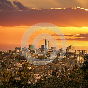 Kigali downtown skyscraper on top of the hill at dusk