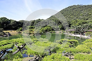 Kikugetsu teahouse and south lake in Ritsurin garden