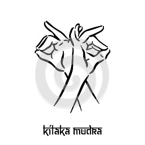Kilaka mudra. Hand spirituality hindu yoga of fingers gesture. Technique of meditation for mental health