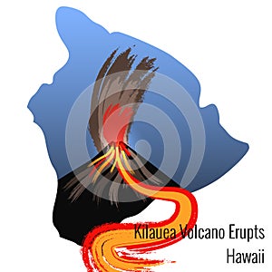 Kilauea Volcano Erupts on the island of Hawaii. Large flow of lava. Big Island of Hawaii contour