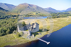 Kilchurn Castle aerial view above Loch Awe Scotland