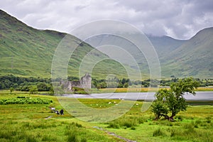 Kilchurn castle ruins by the loch lake on a cloudy day, Scotland