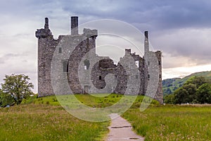 Kilchurn Castle, the ruins of a Scottish Castle, at twlight after sun set