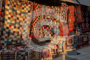 Kilims or traditional carpets at Gjirokaster Bazaar in Albania